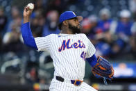 New York Mets pitcher Luis Severino throws during the third inning of a baseball game against the Atlanta Braves, Sunday, May 12, 2024, in New York. (AP Photo/Julia Nikhinson)