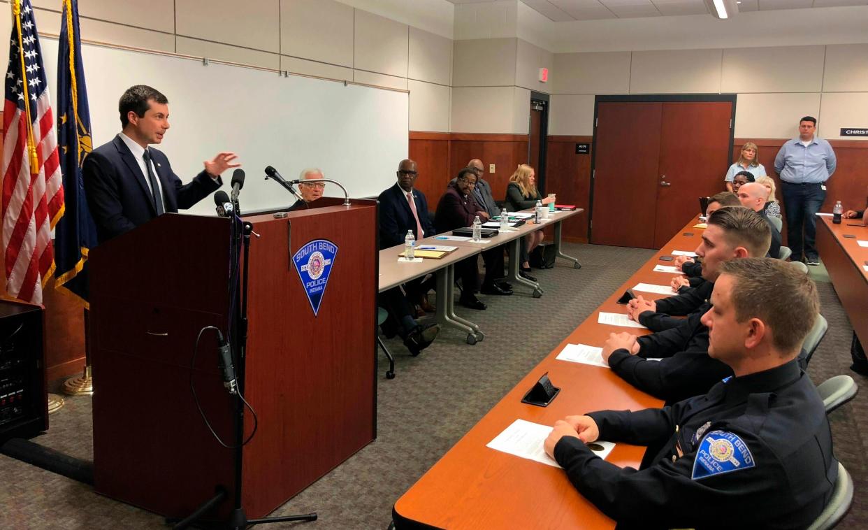 Pete Buttigieg addresses newly sworn-in police officers during a ceremony on June 19, 2019, at the South Bend Police Department. (Photo: ASSOCIATED PRESS)