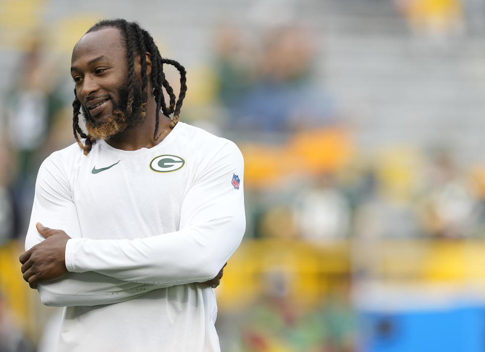 GREEN BAY, WISCONSIN – SEPTEMBER 24: Aaron Jones #33 of the Green Bay Packers looks on prior to a game against the New Orleans Saints at Lambeau Field on September 24, 2023 in Green Bay, Wisconsin. (Photo by Patrick McDermott/Getty Images)