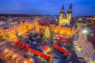 <p>Prague is home to some of Europe’s top festive markets. It has two main markets – one held in Old Town Square and the other a five-minute walk away in Wenceslas Square. They both feature traditional wooden huts laden with Czech treats, such as klobása (sausage) and Pilsner Urquell (lager). <em>[Photo: Getty]</em> </p>