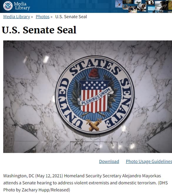 <span>Captura de pantalla del sitio web del gobierno estadounidense que muestra el emblema del Senado de Estados Unidos, hecha el 22 de julio de 2024 </span>