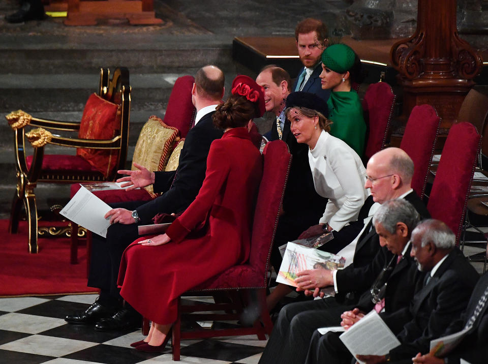 LONDON, ENGLAND - MARCH 09: Prince William, Duke of Cambridge, Catherine, Duchess of Cambridge, Prince Harry, Duke of Sussex, Meghan, Duchess of Sussex, Prince Edward, Earl of Wessex and Sophie, Countess of Wessex attend the Commonwealth Day Service 2020 on March 9, 2020 in London, England. (Photo by Phil Harris - WPA Pool/Getty Images)