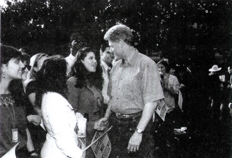 A photograph showing former White House intern Monica Lewinsky meeting President Bill Clinton at a White House function submitted as evidence in documents by the Starr investigation and released by the House Judicary committee September 21, 1998.