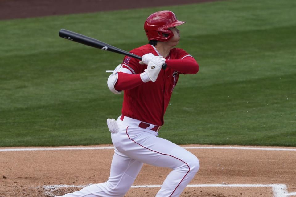 Angels' Shohei Ohtani grounds into a force out.