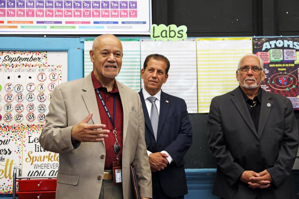 Interim Superintendent of Schools Luis Rodriguez, left, welcomes students to the new year at Roosevelt High School - Early College Studies Sept. 7 , 2023 in Yonkers. Councilman Anthony Merante, center, and Board of Education President Rev. Steve Lopez look on.
