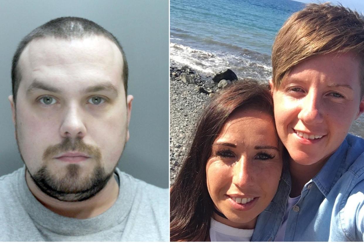 Andrew Burke, left, killed Cassie Hayes, far right, the partner of his former girlfriend Laura Williams, centre (Pictures: PA) 