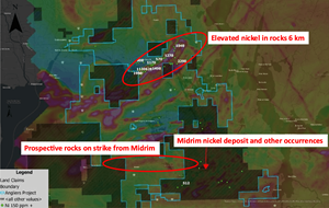 Claim map on airborne magnetic base map showing potential extension of Midrim nickel – copper deposit host stratigraphy onto Angliers project claims, and elevated nickel in rock samples in northern magnetic belt.