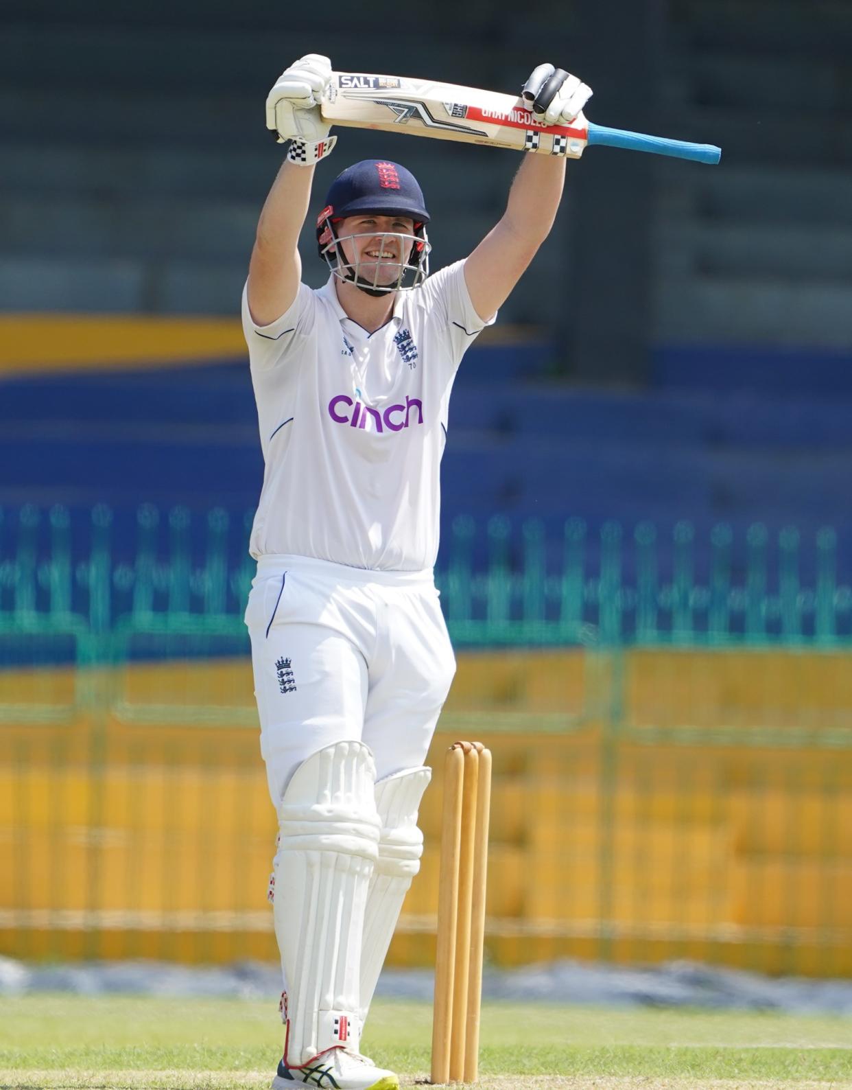 Alex Lees celebrates his England Lions century.