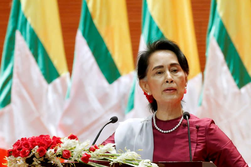 FILE PHOTO: Myanmar State Counselor Aung San Suu Kyi delivers a speech to the nation over the Rohingya situation in Rakhine, in Naypyitaw, Myanmar