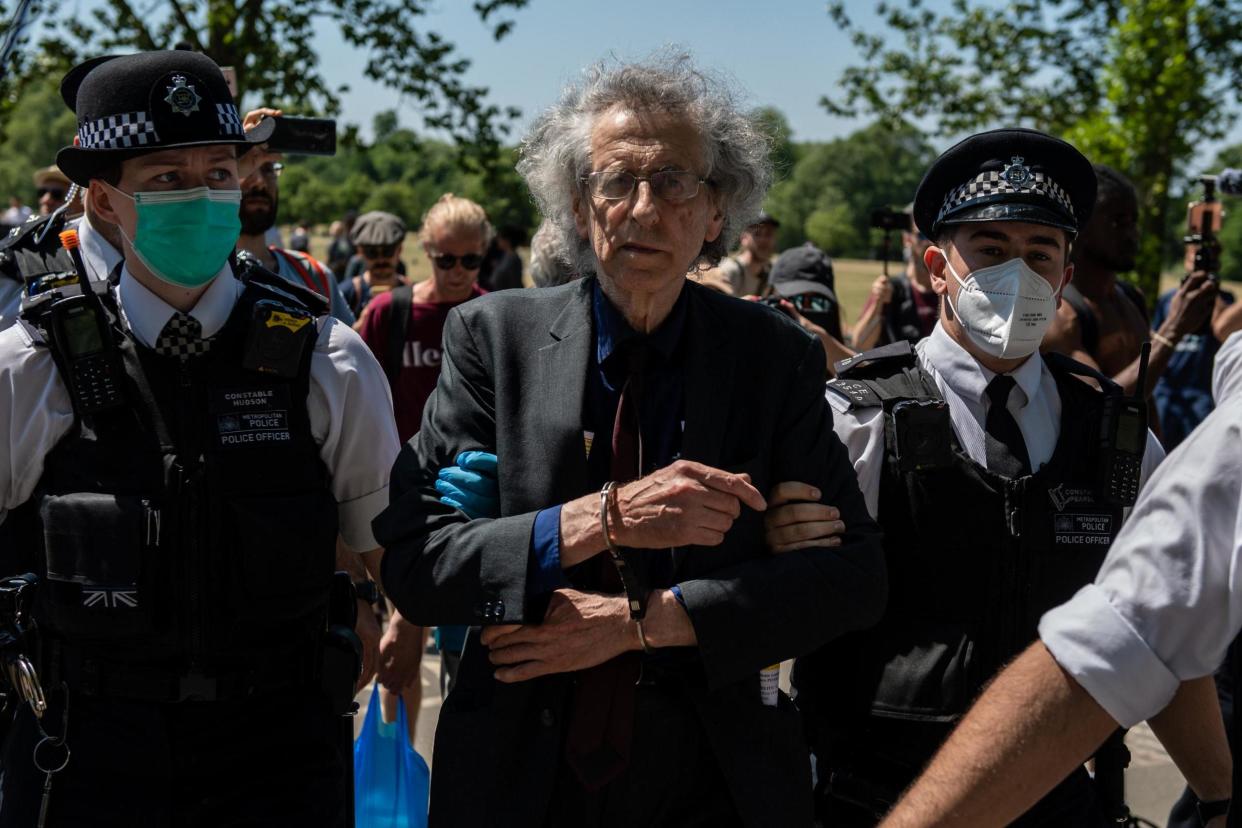 Piers Corbyn was arrested for the second time in a fortnight during the Hyde Park protest today: Getty Images