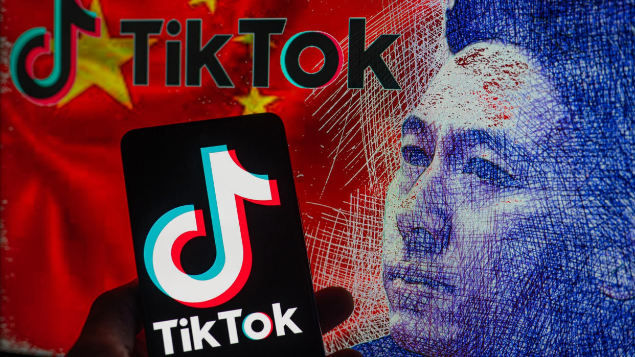  TikTok logo seen on mobile with TikTok CEO Shou Zi Chew sketch displayed on screen. On 23 March 2023 in Brussels, Belgium.  