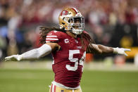 San Francisco 49ers linebacker Fred Warner celebrates during the second half of the NFC Championship NFL football game against the Detroit Lions in Santa Clara, Calif., Sunday, Jan. 28, 2024. (AP Photo/David J. Phillip)