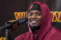 Washington Commanders running back Brian Robinson Jr., speaks after practice at the team's NFL football training facility, Wednesday, Oct. 5, 2022, in Ashburn, Va. Robinson was shot twice in the right leg Aug. 28 in Washington, was taken to a hospital, underwent surgery and was released a day later. The bullets missed all the major ligaments and bones in his knee. (AP Photo/Alex Brandon)