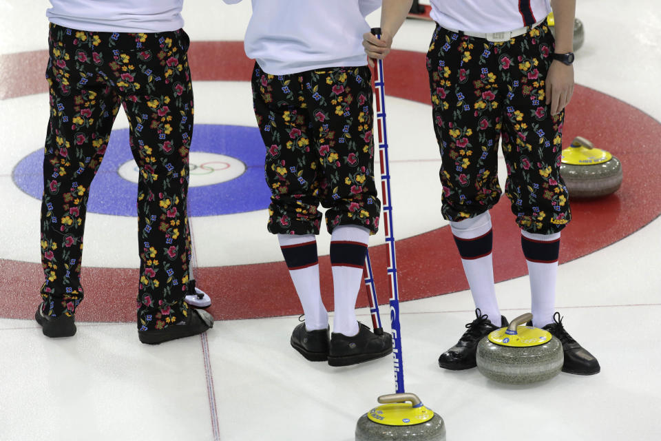 Norwegian curlers wears rose-painting knickers during curling training at the 2014 Winter Olympics, Saturday, Feb. 8, 2014, in Sochi, Russia. (AP Photo/Robert F. Bukaty)