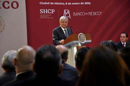 Mexico's President Andres Manuel Lopez Obrador addresses the audience during a government-sponsored event to announce a programme to boost the financial sector in Mexico City, Mexico January 8, 2019. Press Office Andres Manuel Lopez Obrador/Daniel Aguilar/Handout via REUTERS