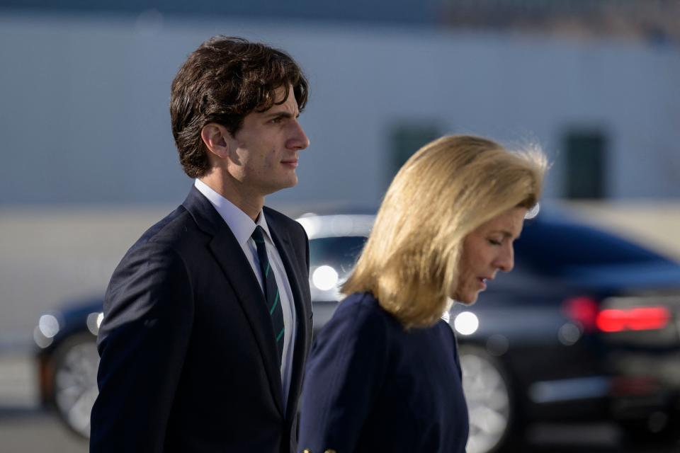 U.S. Ambassador to Australia, Caroline Kennedy, right, and Jack Kennedy Schlossberg arrive to meet with Prince William at the John F. Kennedy Presidential Library and Museum in Boston on Dec. 2, 2022.