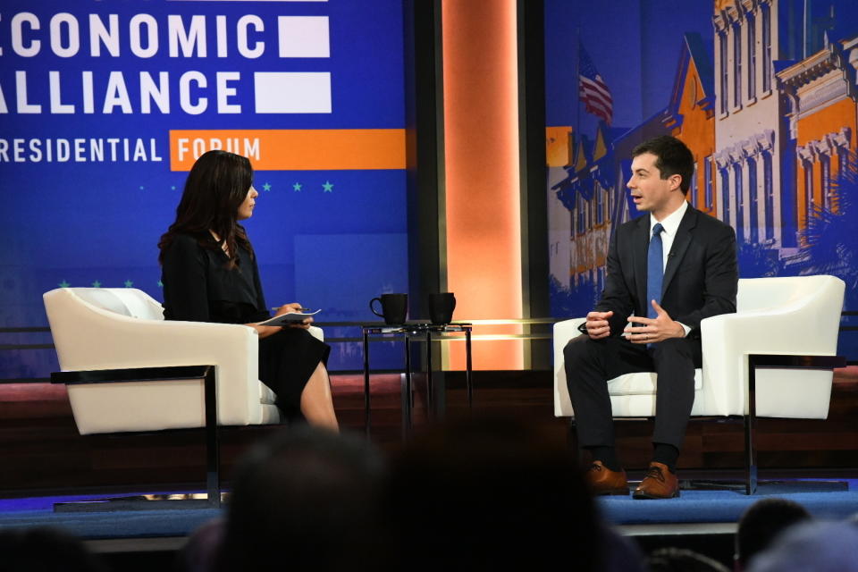 South Bend, Ind., Mayor Pete Buttigieg, a Democratic presidential candidate, speaks at a candidate forum on Saturday, June 15, 2019, in Charleston, S.C., sponsored by the Black Economic Alliance. (AP Photo/Meg Kinnard)