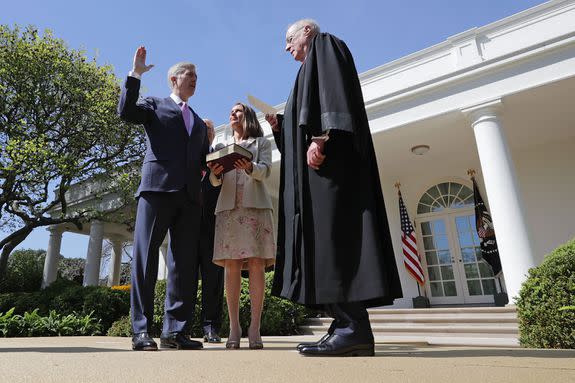 Justice Anthony Kennedy (on right) administers the judicial oath to Judge Neil Gorsuch in April 2017.
