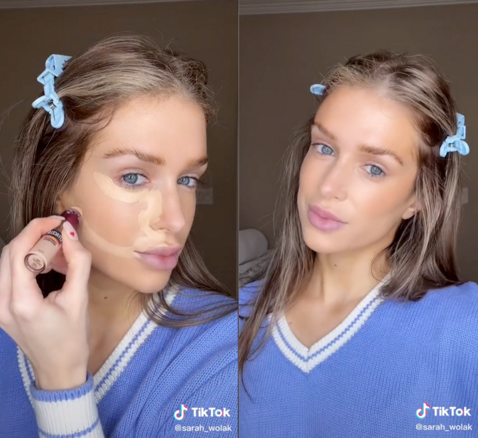 Screenshots from @sarah_wolak's video on TikTok as she applies concealer to nose and cheeks. She wears a blue v-neck jumper and has her hair clipped back with blue clips.