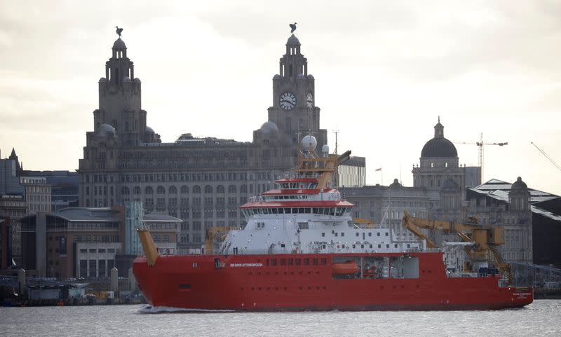 People watch as the RSS Sir David Attenborough leaves Liverpool to begin sea trials in New Brighton, Britain