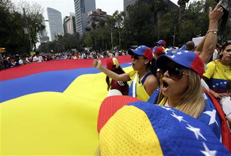 People carry a giant Venezuelan flag during a protest of Venezuelan citizens residing in Mexico, against the government of Venezuela's President Nicolas Maduro and the violence resulting from anti-government protests, in Mexico City February 23, 2014. REUTERS/Henry Romero