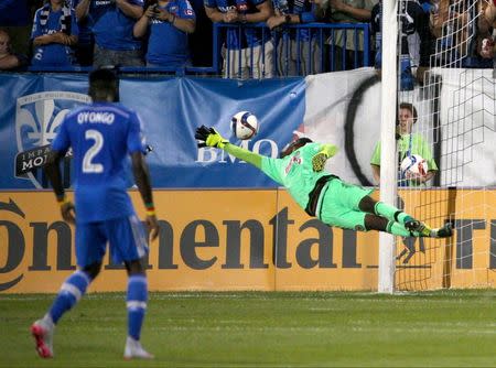 Aug 22, 2015; Montreal, Quebec, CAN; Philadelphia Union goalkeeper Andre Blake (1) makes a save against Montreal Impact during the second half at Stade Saputo. Jean-Yves Ahern-USA TODAY Sports