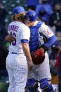 Chicago Cubs relief pitcher Craig Kimbrel, left, celebrates with catcher Willson Contreras after they defeated the Pittsburgh Pirates in a baseball game in Chicago, Saturday, April 3, 2021. (AP Photo/Nam Y. Huh)