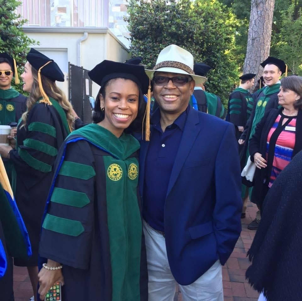 Mel Mann with his daughter Patrice when she graduated from Emory University with a medical degree. She was 5 when he was diagnosed with chronic myeloid leukemia and he worried he wouldn't have the chance to watch her grow up.