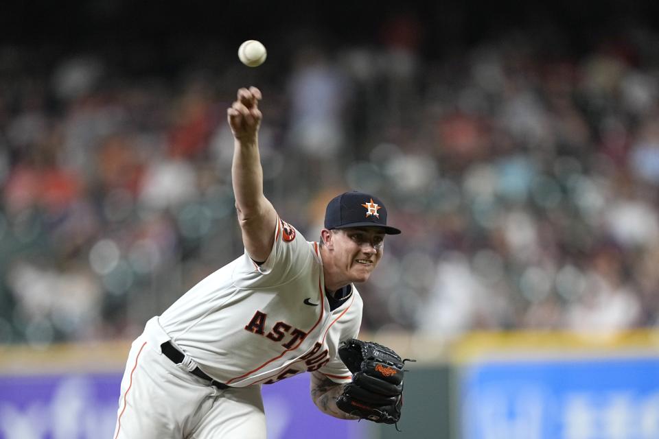 Houston Astros starting pitcher Hunter Brown throws against the Washington Nationals during the first inning of a baseball game Tuesday, June 13, 2023, in Houston. (AP Photo/David J. Phillip)