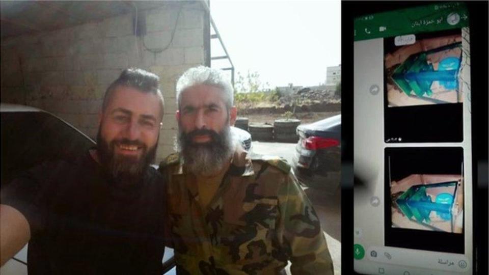 Raji Falhout con Abu Hamza y una captura de pantalla (derecha) de su conversación de WhatsApp