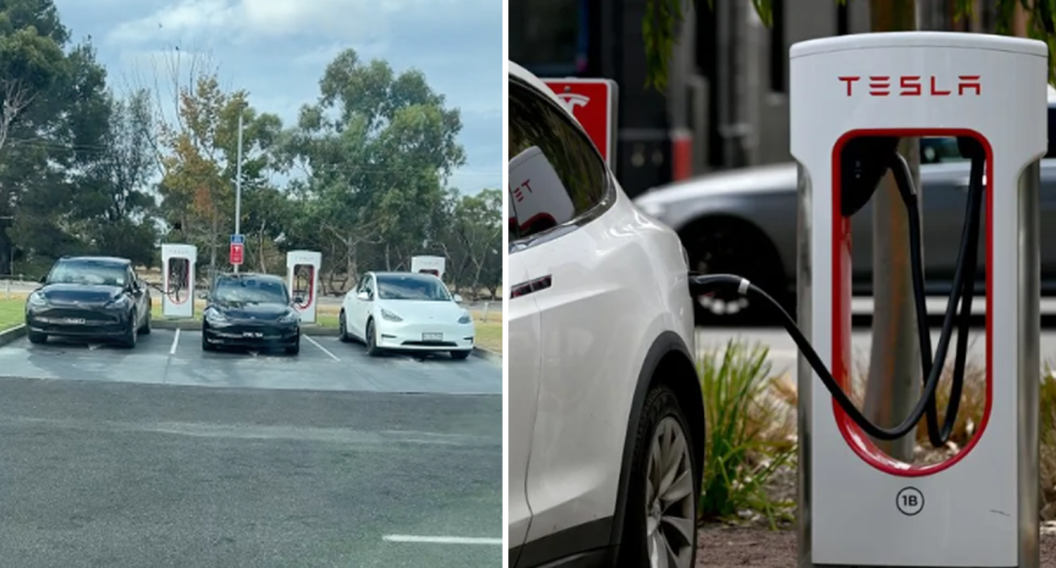Three electric vehicles are parked while their battery is recharged (left). A white Tesla being recharged (right). 