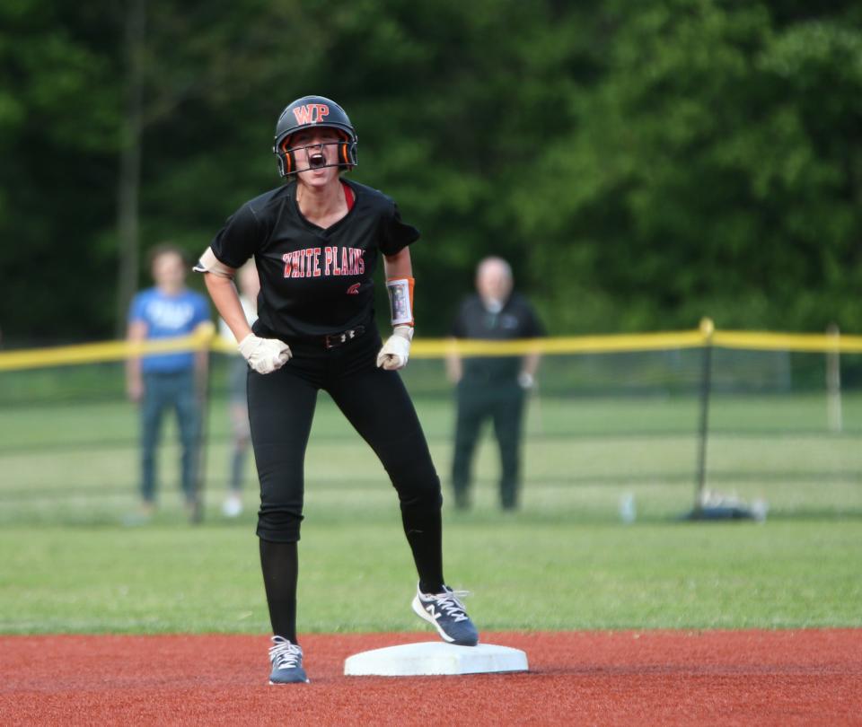 White Plains' Alexa Galligani makes it safely to second after hitting a double during the Section 1 Class AA softball semifinal versus Arlington on May 24, 2022. 