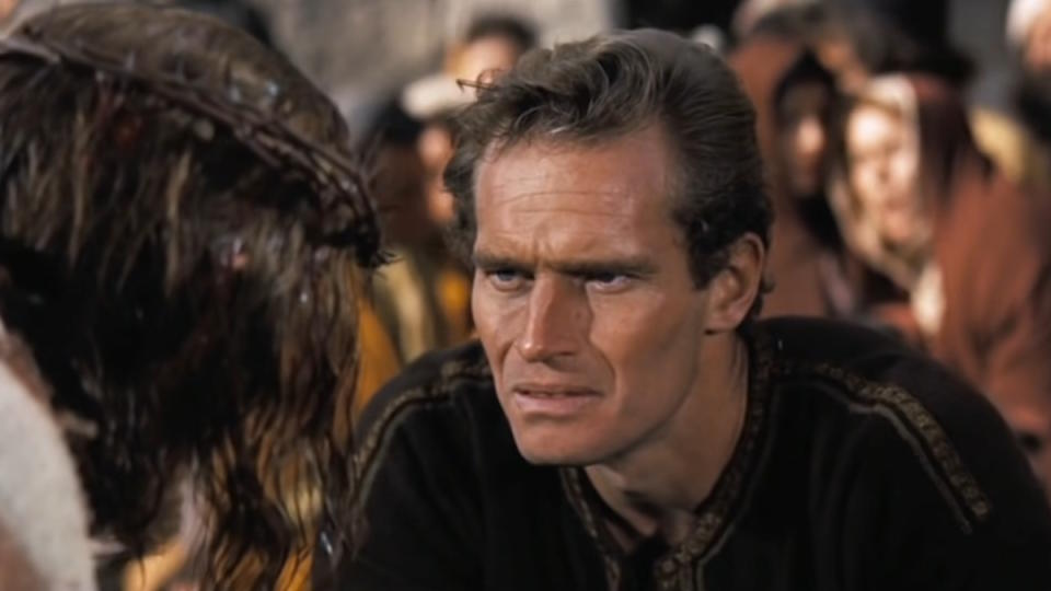 Charlton Heston looks into the eyes of Jesus Christ in Ben-Hur