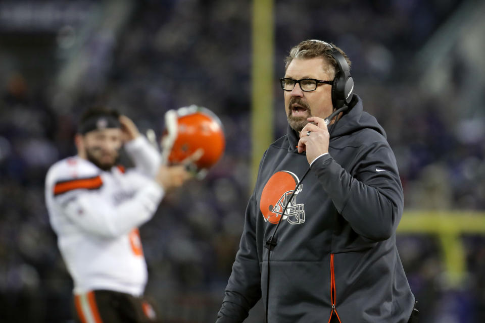 Cleveland Browns head coach Gregg Williams walks on the sideline in the second half of an NFL football game against the Baltimore Ravens, Sunday, Dec. 30, 2018, in Baltimore. (AP Photo/Carolyn Kaster)