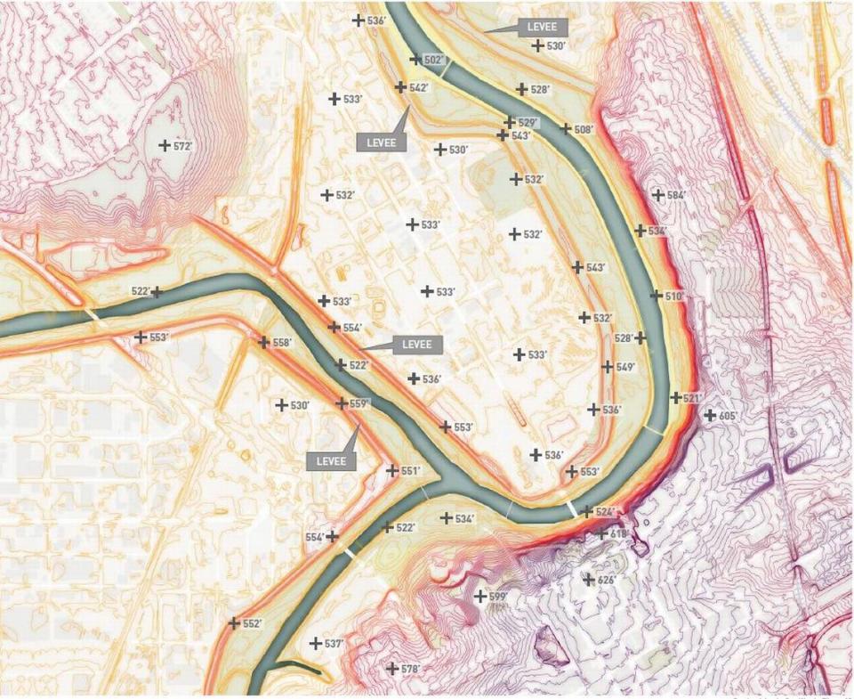 This map showing the rivers’ current path shows the topography of Panther Island and surrounding areas. Yellow is the lowest elevation, and purple is the highest. The levees along the river are evident in orange. Downtown Fort Worth, which sits on a bluff, is seen in purple in the bottom right.