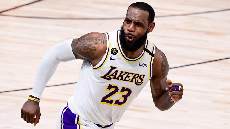 Pictured here, LeBron James looks on in delight during the Lakers' Game 6 NBA finals win.