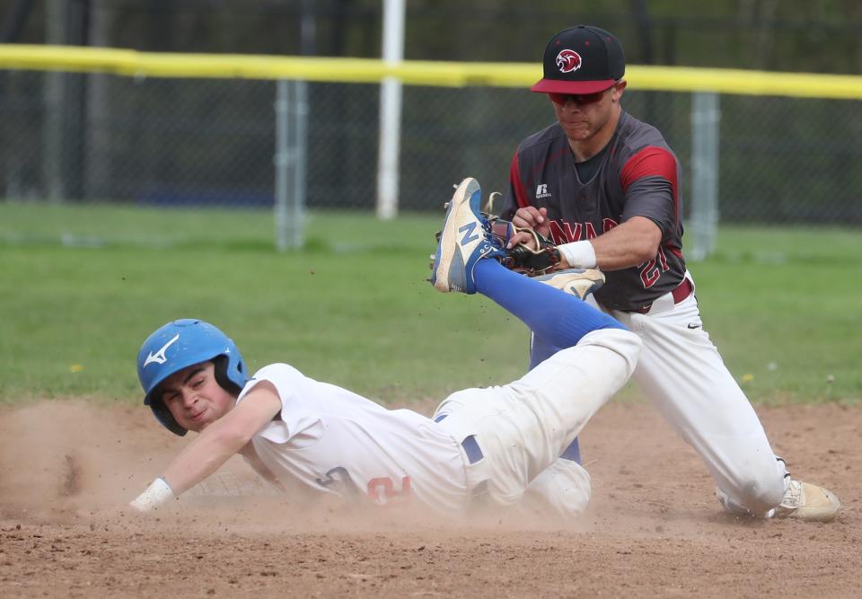 Pearl River's Thomas Ocasal beats the tag of Nyack's Nico Vasquez top steal second during their game at Pearl May 3, 2022. Pearl River won 12-5.