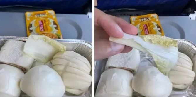近期有網友發文吐槽說，他乘坐南航某航班時，飛機餐竟是 4 個饅頭和 1 片白菜，外加 1 小包榨菜。   圖：翻攝自微博