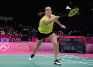 LONDON, ENGLAND - JULY 29: Alex Bruce of Canada returns a shot against Ha Na Kim and Kyung Eun Jung of Korea during their Women's Doubles Badminton on Day 2 of the London 2012 Olympic Games at Wembley Arena on July 29, 2012 in London, England. (Photo by Michael Regan/Getty Images)