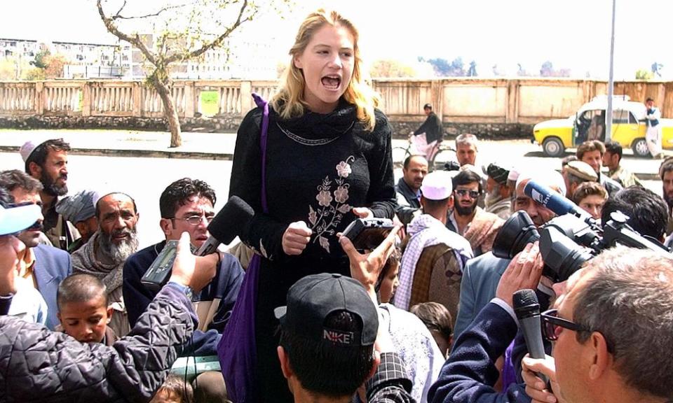 Marla Ruzicka leads a demonstration calling for compensation to victims of the US-led military campaign in Afghanistan in 2002.