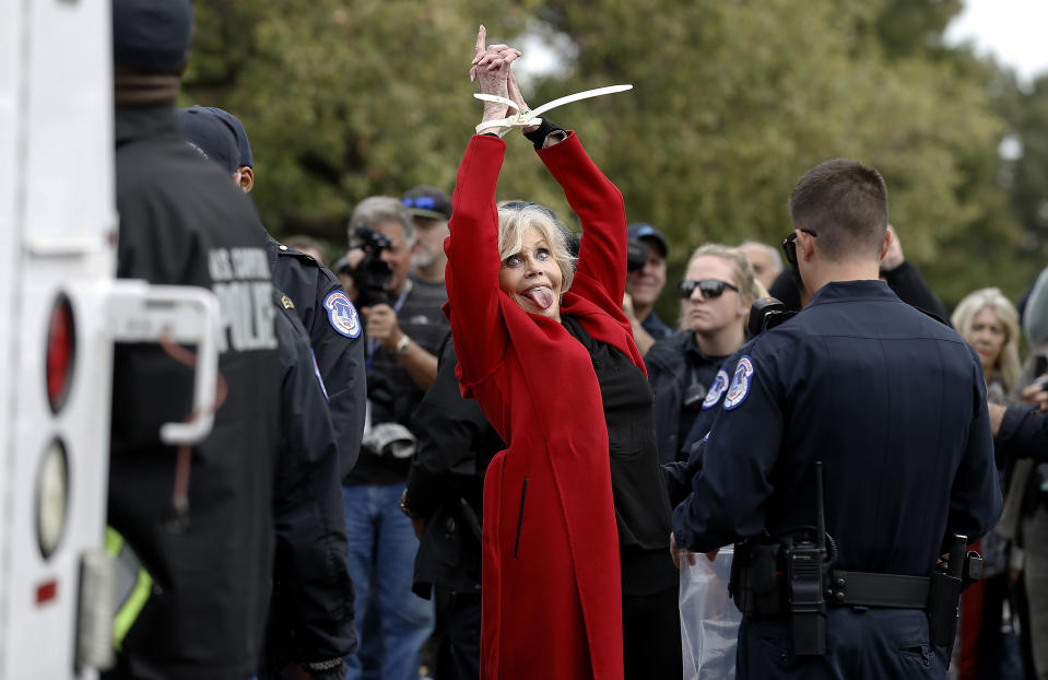 WASHINGTON, DC - OCTOBER 25: Actress Jane Fonda is arrested during the "Fire Drill Friday" Climate Change Protest on October 25, 2019 in Washington, DC . Protesters demand Immediate Action for a Green New Deal. Clean renewable energy by 2030, and no new exploration or drilling for Fossil Fuels. (Photo by John Lamparski/Getty Images)