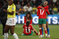 Players of Morocco celebrate after the Women's World Cup Group H soccer match between Morocco and Colombia in Perth, Australia, Thursday, Aug. 3, 2023. (AP Photo/Gary Day)