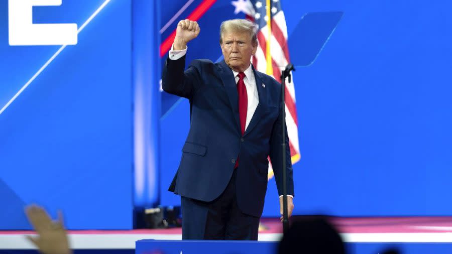 Republican presidential candidate former President Donald Trump gestures to the audience after speaking during the Conservative Political Action Conference, CPAC 2024, at the National Harbor, in Oxon Hill, Md., Saturday, Feb. 24, 2024. (AP Photo/Jose Luis Magana)