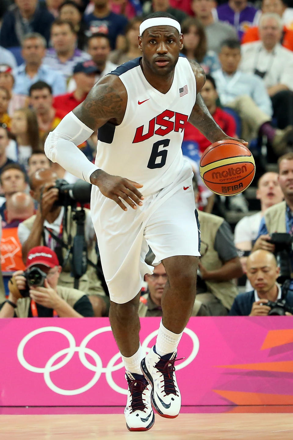 LONDON, ENGLAND - AUGUST 12: LeBron James #6 of the United States dribbles the ball during the Men's Basketball gold medal game between the United States and Spain on Day 16 of the London 2012 Olympics Games at North Greenwich Arena on August 12, 2012 in London, England. (Photo by Christian Petersen/Getty Images)