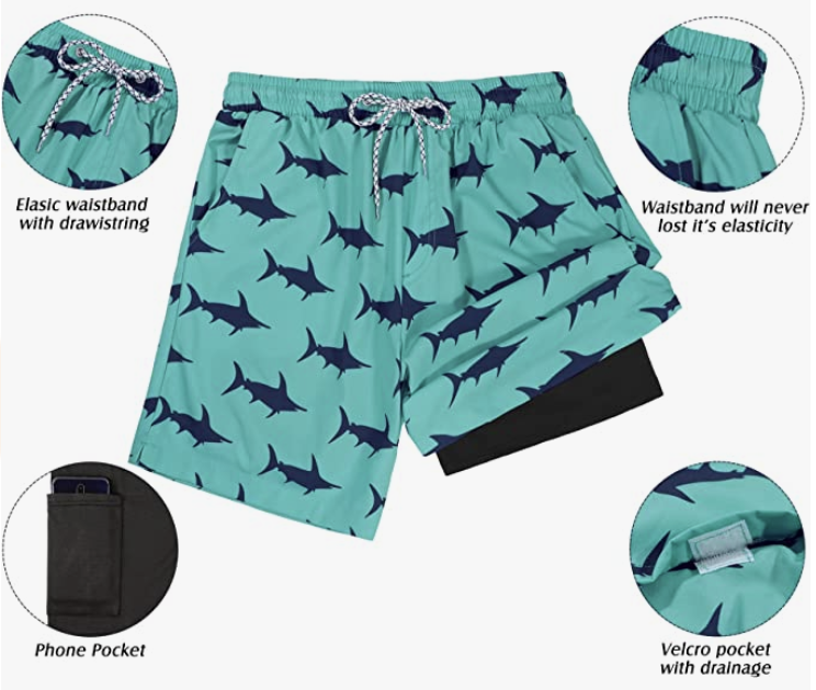 American Trends Men's Drawstring Swim Trunks has shark prints and a tights underneath.