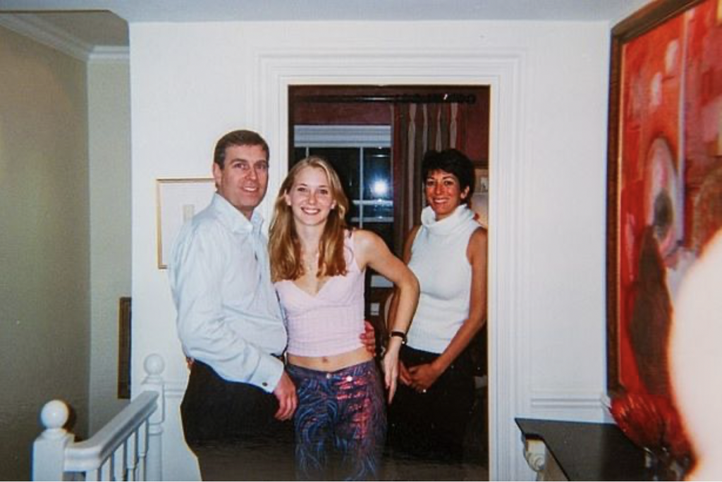 An uncropped image showing Andrew, Ms Giuffre and Maxwell, with a blur in the corner (Virginia Giuffre)