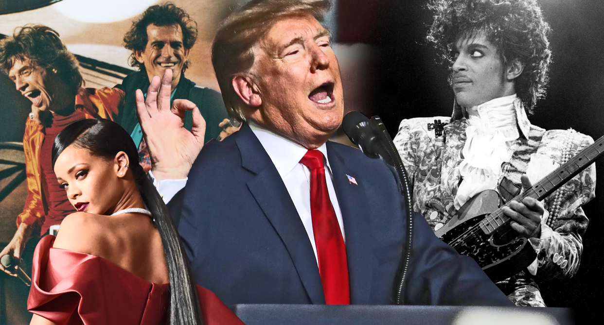 President Trump's rallies have featured many artists who don't support him politically. (Photo: Getty Images/composite: Quinn Lemmers for Yahoo Entertainment) 