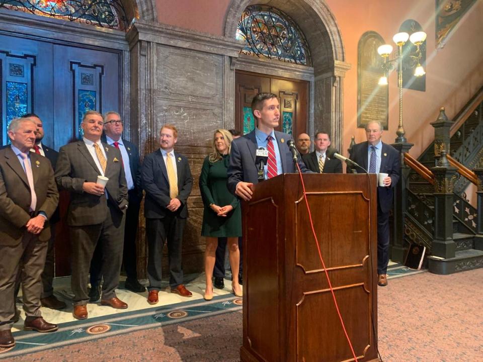 State Rep. Adam Morgan, R-Greenville, who is chairman of the House Freedom Caucus, discusses a lawsuit filed by the caucus against the House Ethics Committee on Tuesday, Feb. 28, 2023.