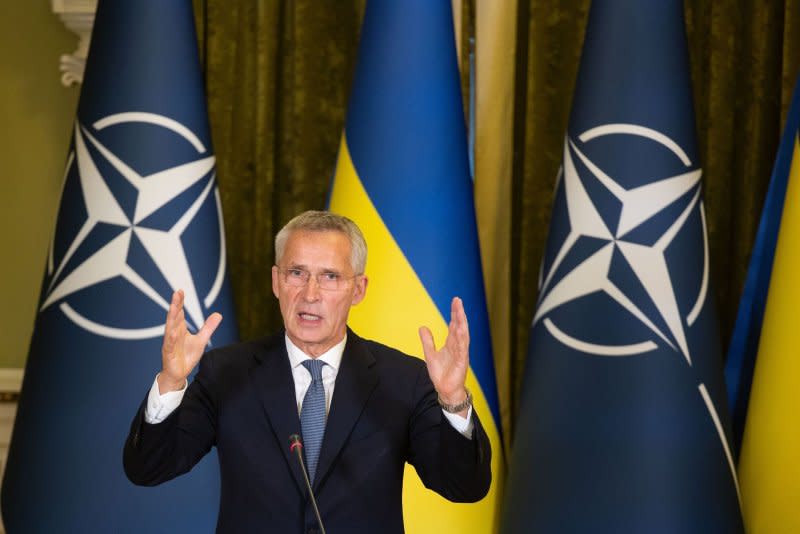 NATO Secretary-General Jens Stoltenberg is pictured during a meeting with President Volodymyr Zelensky of Ukraine in Kyiv in September 2023. File Photo by Ukrainian President Press Office/UPI