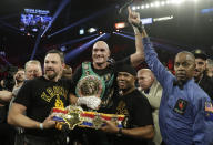 Tyson Fury, of England, celebrates after defeating Deontay Wilder during a WBC heavyweight championship boxing match Saturday, Feb. 22, 2020, in Las Vegas. (AP Photo/Isaac Brekken)